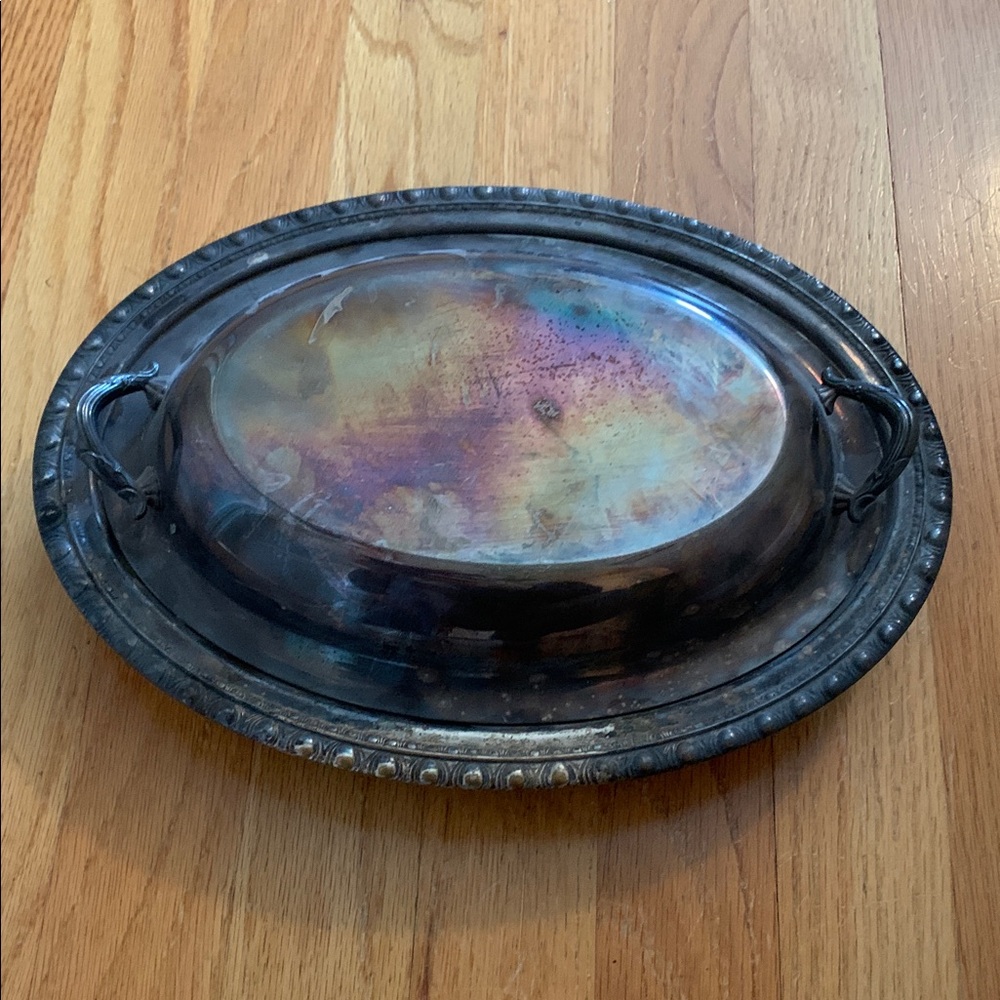 Vintage 12” oval silver plated serving dish &lid or trinket holder,detailed edge